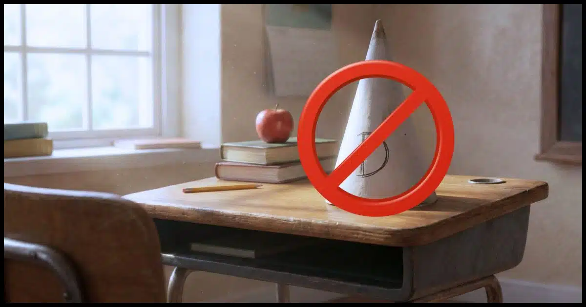 a dunce cap on a desk with a "No" symbol over it
