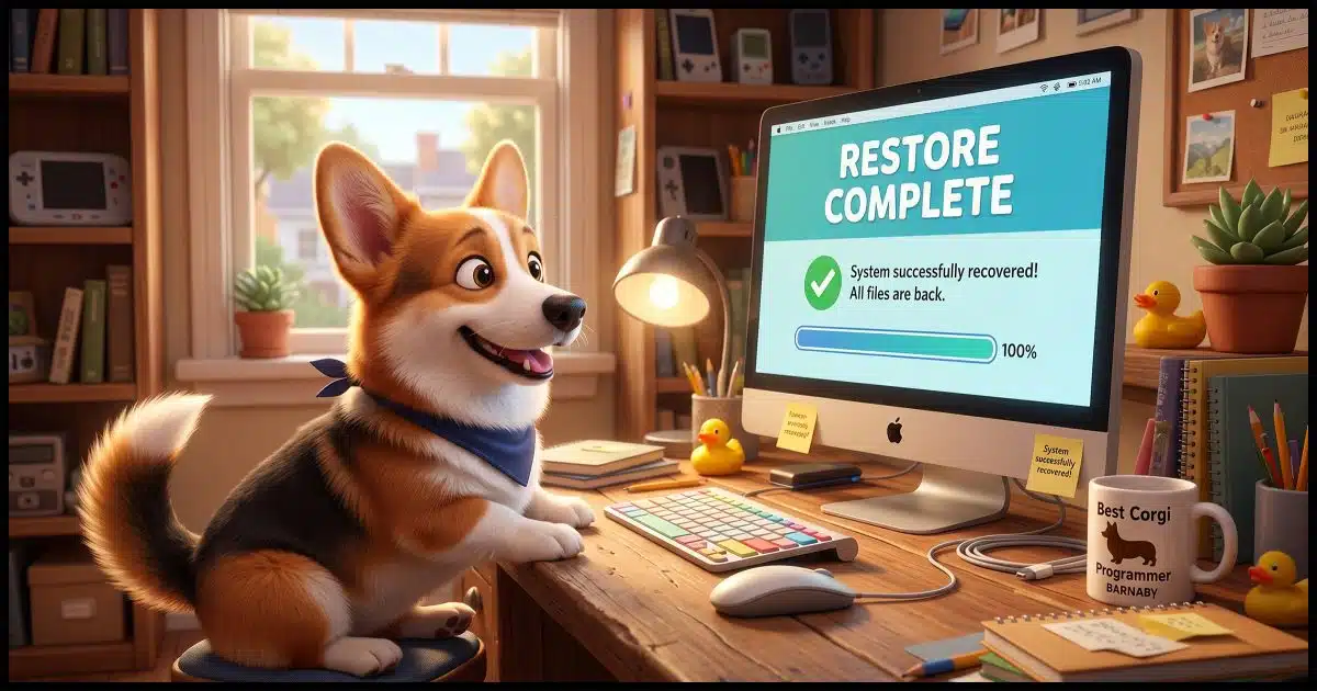 A Corgi sitting at a desk looking pleased with a computer on which the screen says "Restore Complete"