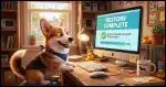 A Corgi sitting at a desk looking pleased with a computer on which the screen says "Restore Complete"