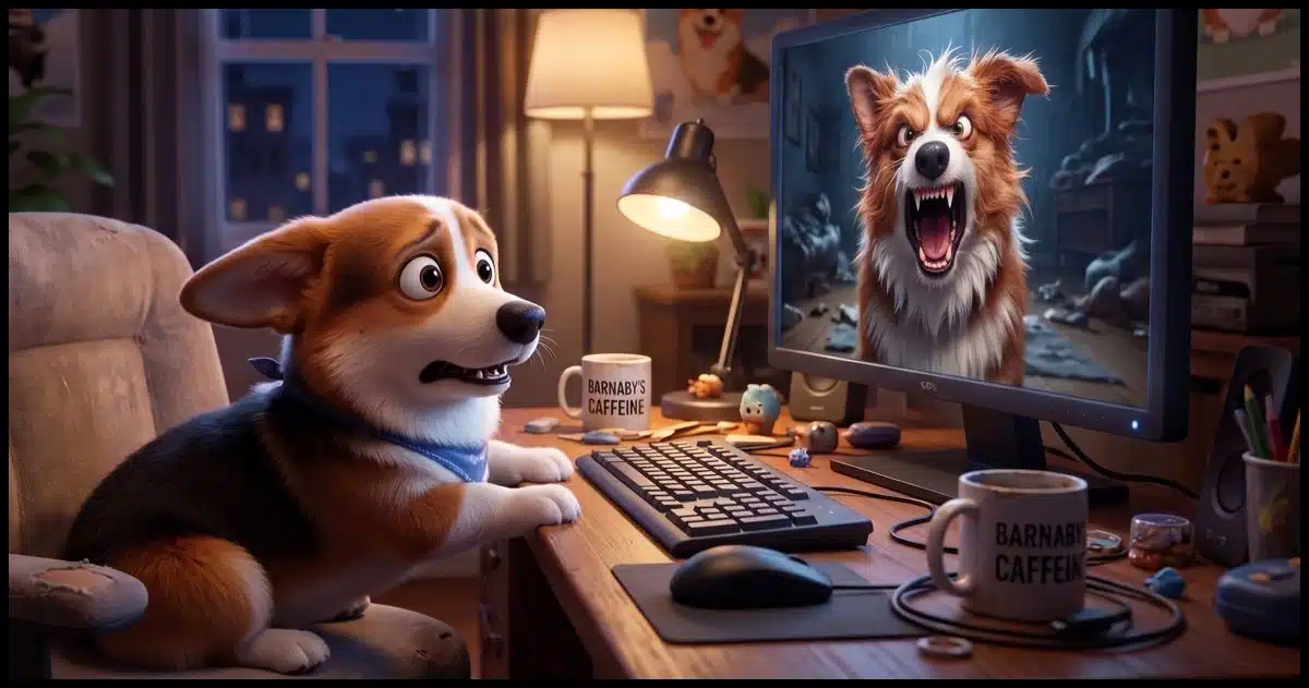 A Corgi looking on in fear at a PC computer screen displaying another, more disheveled Corgi apparently yelling in anger at him.