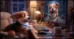 A Corgi looking on in fear at a PC computer screen displaying another, more disheveled Corgi apparently yelling in anger at him.