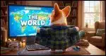 An over the shoulder view of a Corgi standing in front of a computer screen. The computer screen has "The World" displayed on it, and the Corgi is wearing a bathrobe, but is "flashing" the computer screen holding his robe wide open with his arms wide apart.