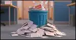 a waste bin overflowing with letters and envelopes representing emails