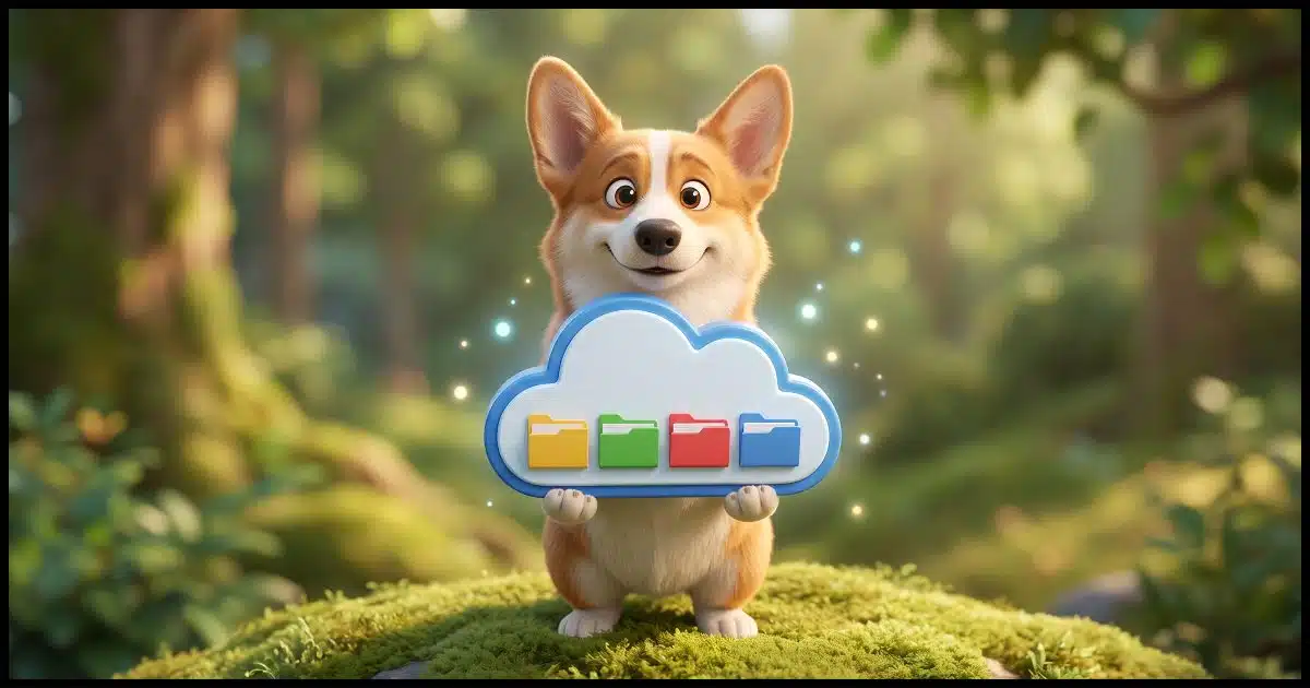 A Corgi holding up a cloud icon as if to present it to us. The cloud icon contains file folder icons.