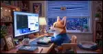 A Corgi working at a Windows computer in a home office. Eyes can be seen peeking in the blinds over the window in the background.