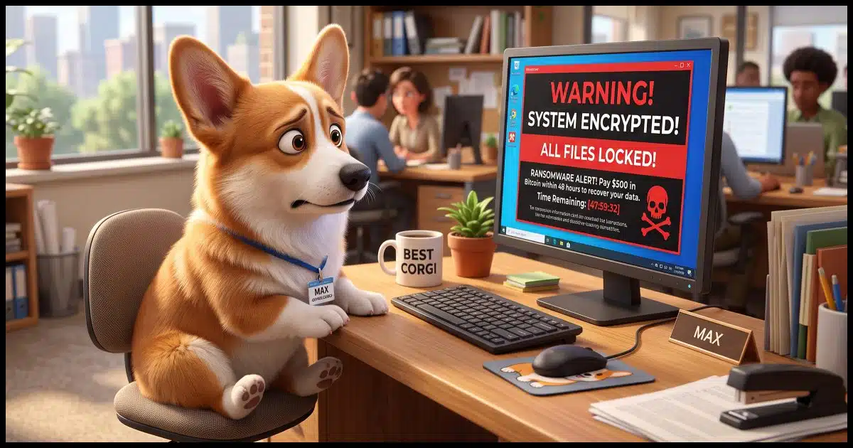 A Corgi in front of a Windows computer in an office setting. On the computer is a ransomware warning. The corgi looks concerned.