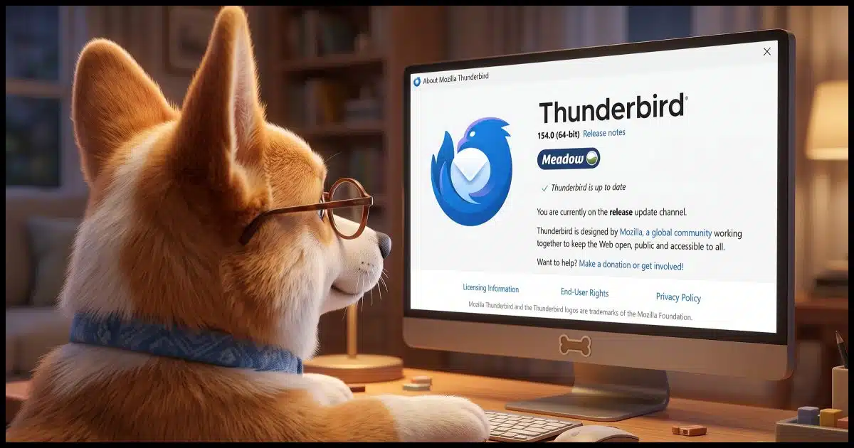 An over-the-shoulder close up of a Corgi looking at his PC's computer screen displaying the Thunderbird About screen.