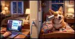 On the left side, a hotel room with an open laptop connected via an ethernet cable to the wall. The wall separates the left and right side of the image. On the right side is a Corgi listening to a tin can connected by an ethernet cable connected to the wall.