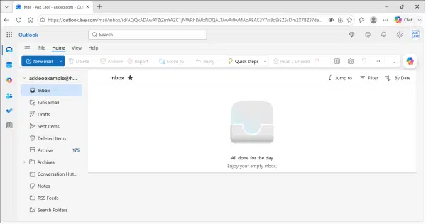 askleoexample@hotmail.com in Outlook.com. Click for larger image. (Screenshot: askleo.com)