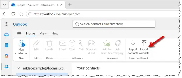 Export Contacts button in Outlook.com.