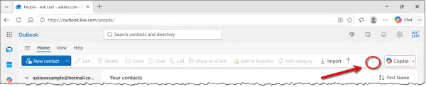 Ribbon expand control on Outlook.com.