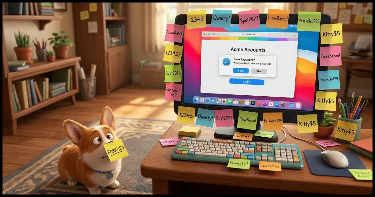 A desktop computer covered in sticky notes each with a password on it. On the screen is a web browser offering to save a password. On the floor is a Corgi with a sticky note on its nose which also has a password on it. The Corgi is looking cross-eyed at the note.