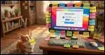 A desktop computer covered in sticky notes each with a password on it. On the screen is a web browser offering to save a password. On the floor is a Corgi with a sticky note on its nose which also has a password on it. The Corgi is looking cross-eyed at the note.