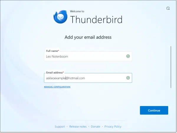 Thunderbird initial add your email address. Click for larger image. (Screenshot: askleo.com)