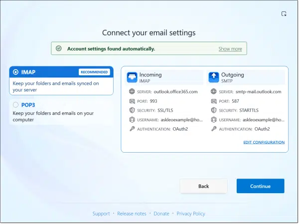 Summary of Hotmail account settings.