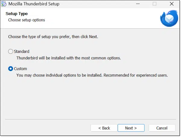 Thunderbird setup type. (Screenshot: askleo.com)