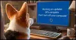 An over the should angle of a Corgi looking at a PC computer screen showing Windows Updates in progress.