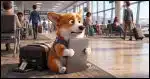 Please generate a 16:9 image in Pixar style of a Corgi in an airport hugging his laptop to his chest looking fearful