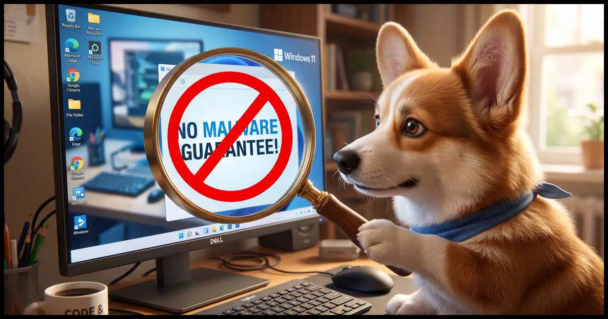 A close up of a Corgi examining a Windows PC's screen with a magnifying glass. Seen through that is the word "No Malware Guarantee!" with the international "no" symbol across it.