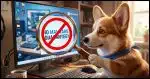 A close up of a Corgi examining a Windows PC's screen with a magnifying glass. Seen through that is the word "No Malware Guarantee!" with the international "no" symbol across it.