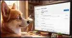 A Windows computer screen with the attached image on it being looked at by a Corgi in his home office.