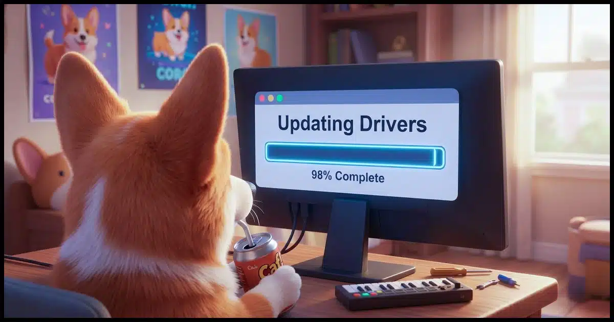 A Corgi sitting in front of a computer screen drinking from a can of "Caf Pow!". The screen says "Updating Drivers" with a progress bar.
