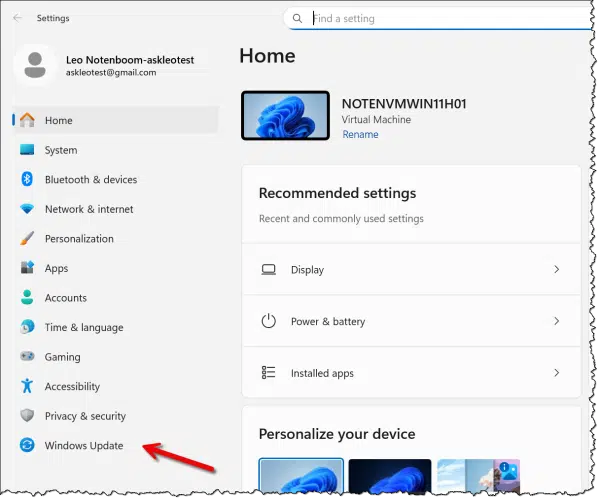 Link to Windows Update int he Settings app.