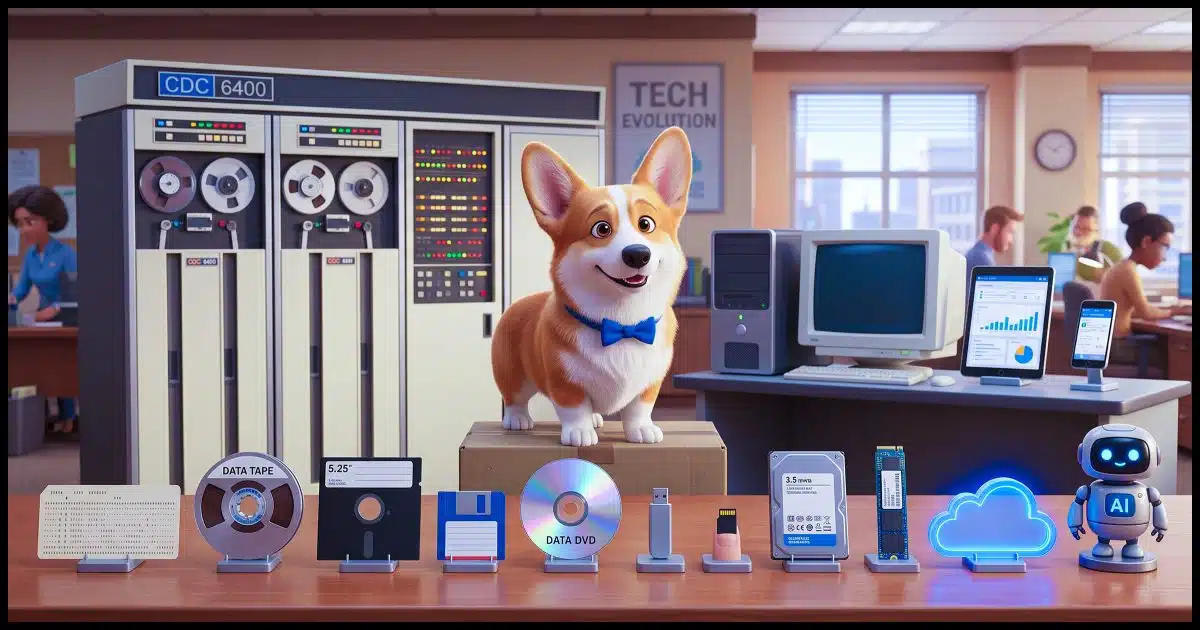 A Corgi in an office standing behind a desk where he is displaying the progress of technology. From left to right on the desk are punch cards, an audio tape, a 5 inch floppy disk, a 3.5 inch floppy disk, a DVD, a USB thumbdrive, a MicroSD card, a hard drive, an m.2 SSD, a cloud icon, and asmall robot labelled AI. Behind him from left to right is a large CDC 6400 computer mainframe, a desktop PC, a tablet, and a smartphone. 