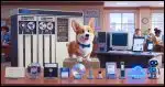 A Corgi in an office standing behind a desk where he is displaying the progress of technology. From left to right on the desk are punch cards, an audio tape, a 5 inch floppy disk, a 3.5 inch floppy disk, a DVD, a USB thumbdrive, a MicroSD card, a hard drive, an m.2 SSD, a cloud icon, and asmall robot labelled AI. Behind him from left to right is a large CDC 6400 computer mainframe, a desktop PC, a tablet, and a smartphone.