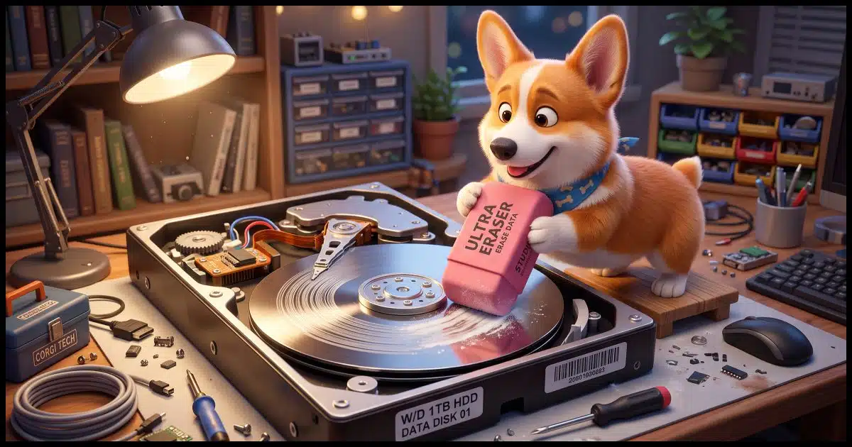 A Corgi using a large eraser to "erase" the platter of a hard disk.