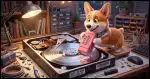 A Corgi using a large eraser to "erase" the platter of a hard disk.