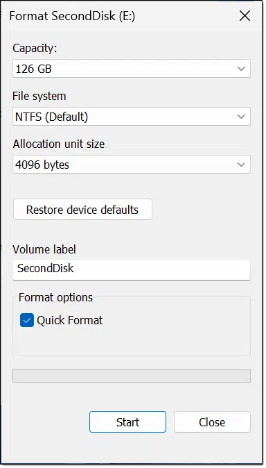 Format disk dialog