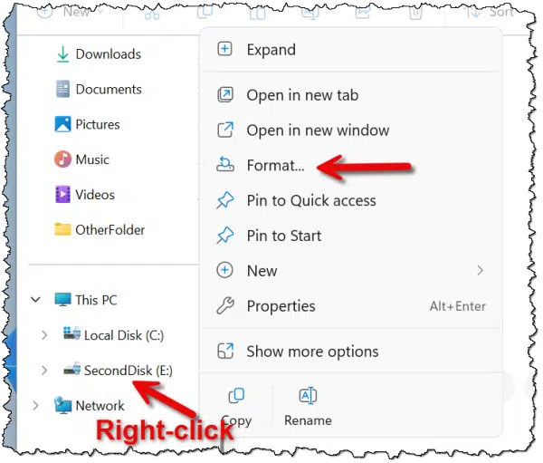 Format item in drive right-click menu.