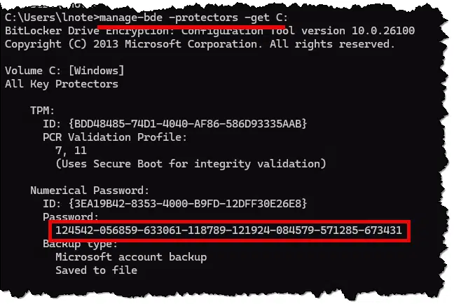 BitLocker key being displayed using Command Prompt.