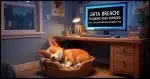 A windows PC on a desk displaying "Data Breach! Password hash exposed: 5f4dcc3b5aa765d61d8327deb882cf99" - there is a Corgi sleeping peacefully in a basket on the floor nearby.