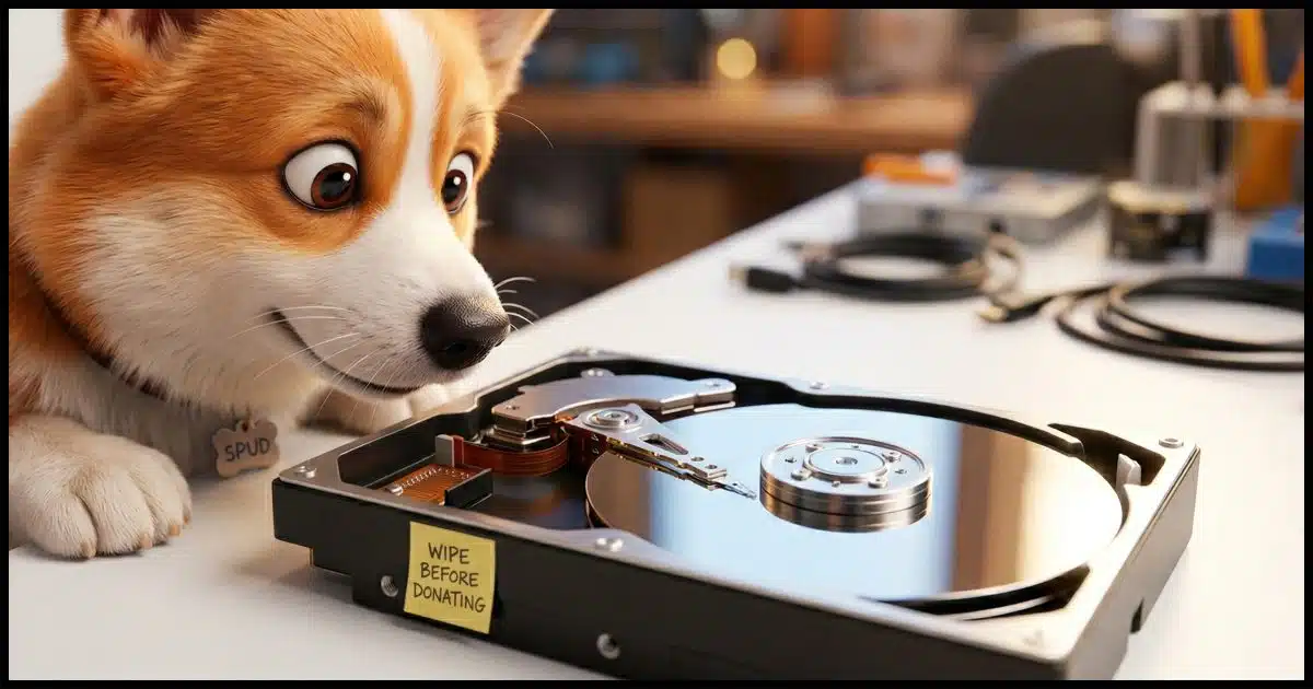A corgi looking at a close-up, bare hard disk drive with its metallic platters exposed, resting on a clean white surface. Bright, studio-style lighting catches the reflective platter surface. A small sticky note in the corner reads "WIPE BEFORE DONATING" in bold marker.