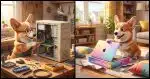 A split-screen illustration: on one side, a Corgi repairing an older desktop tower on a workbench; on the other, a Corgi in a home opening a shiny new laptop box. Bright, optimistic lighting on both halves.