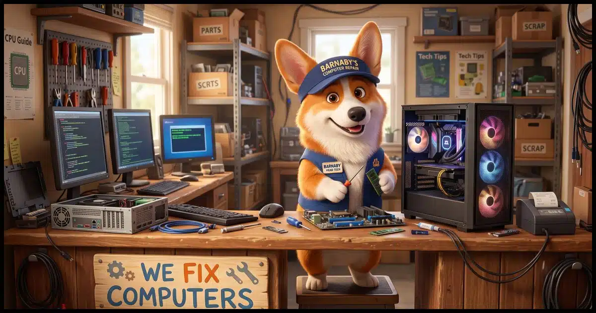 A Corgi computer repair technician standing behind a counter full of PC computer equipment. He wears a visor embroidered with "Barnaby's Computer Repair". The counter has a sign "We fix computers"