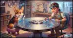 An oversized hard disk platter as a table. On one side sites a Corgi holding his paws to hide the data he has stored on the risk. On the other side is a repair technician wanting to look at the data on the hard disk.