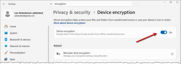 Device Encryption setting in Windows 11 Home.
