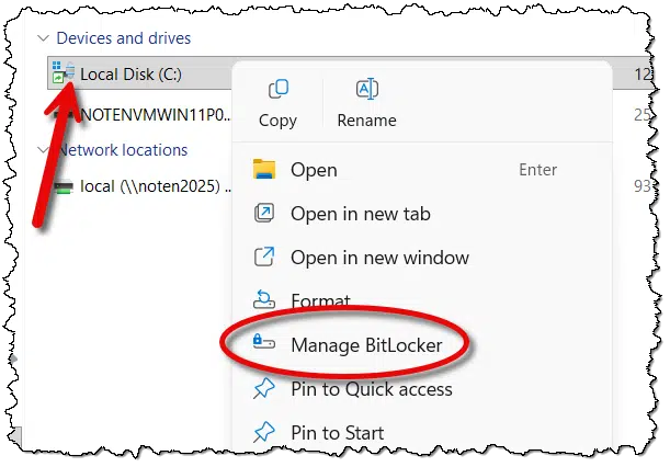 Right click menu showing the Manage BitLocker option