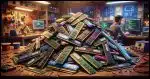 A workbench with a large pile of RAM sticks.