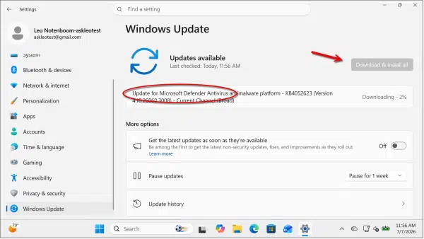 Windows Update, updating Windows Defender