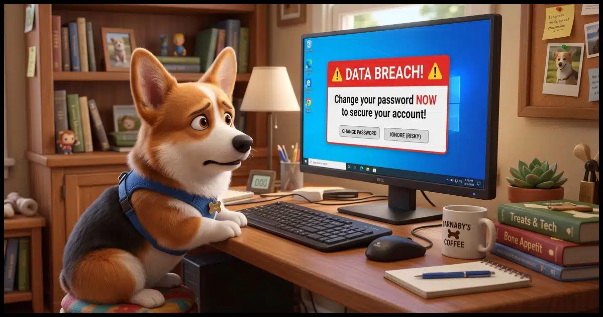 A Corgi in a home office looking concerned at his Windows PC which is displaying a message "Data Breach! Change your password now!"