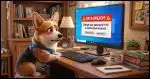 A Corgi in a home office looking concerned at his Windows PC which is displaying a message "Data Breach! Change your password now!"