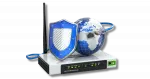 Router with a shield and globe with an ethernet port and cable.