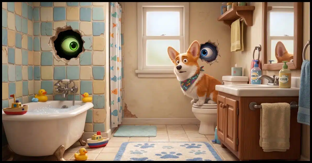 A Corgi in a bathroom. There are two holes in the walls in different places, each with an eye peering in.