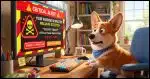 Corgi looking at a computer screen with a fake malware detected message.