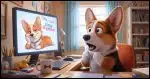 a Corgi looking shocked at a computer screen displaying another corgi in a sexy pose.