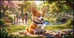 A corgi using a smartphone in a park.